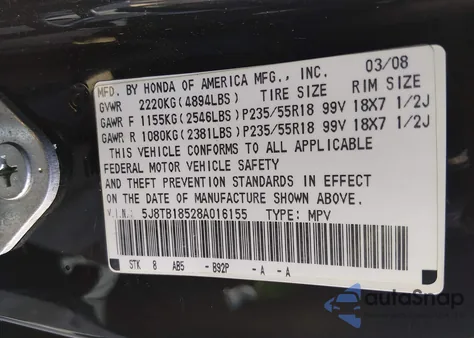 2008 Acura Rdx z USA, uszkodzony, nr VIN 5J8TB18528A016155